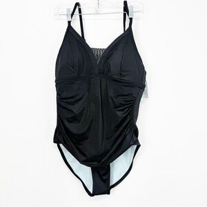 DSG ZOE Ebony Black Ruched Side Mesh V One Piece Bathing Suit Swimsuit NEW